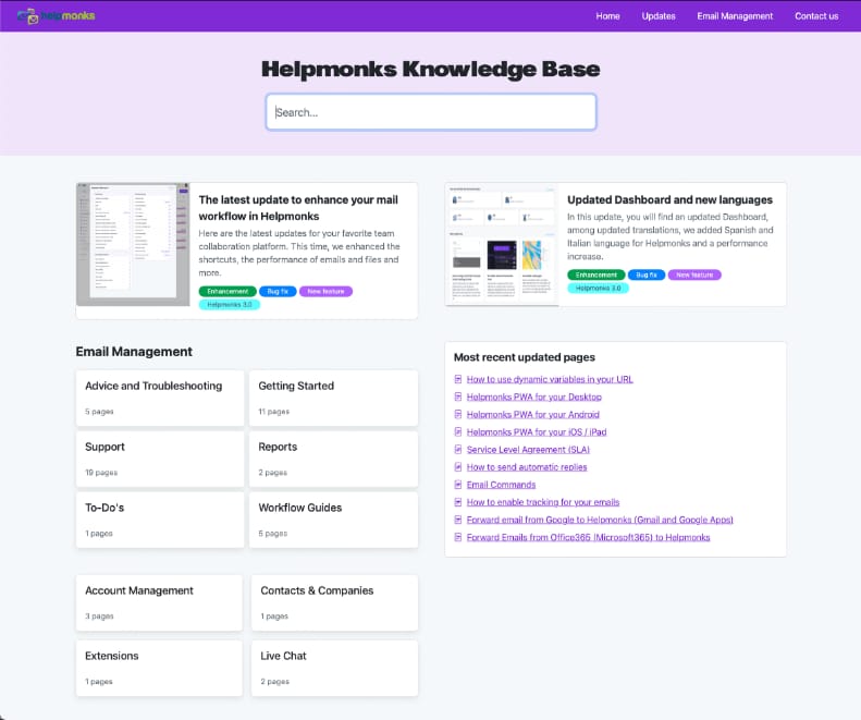 Helpmonks Knowledge Base Homepage